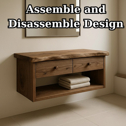 Handcrafted Solid Wood Floating Vanity - Live Edge Walnut Console with 2 Drawers & Open Shelf Kitchnce
