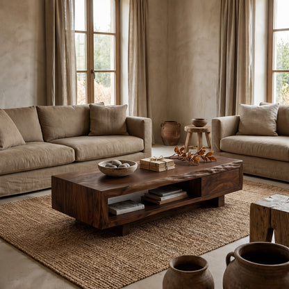 Live Edge Storage Coffee Table With Dual Drawer Design