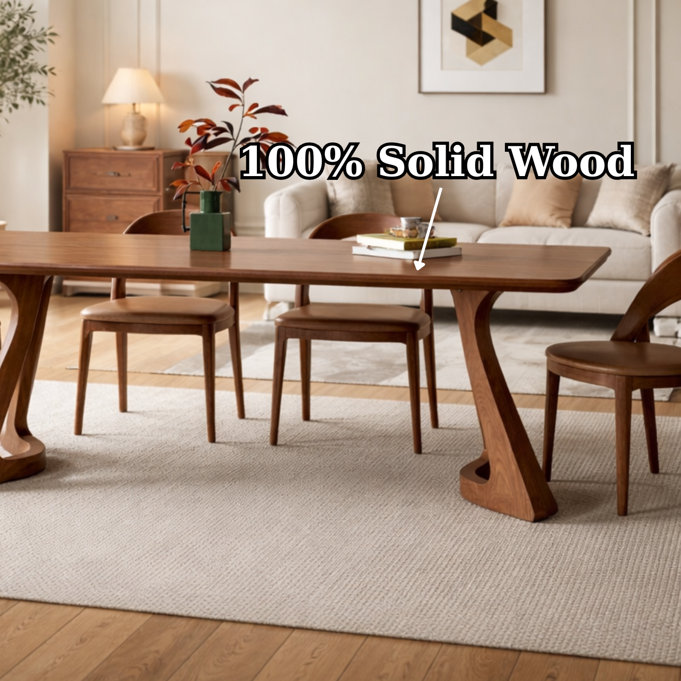 Modern Solid Wood Dining Table with Sculptural Artistic Base