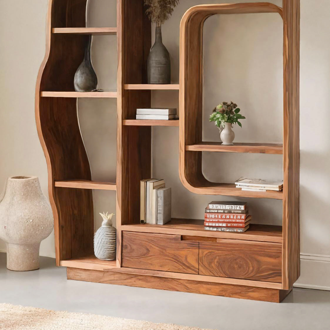 Minimalist Organic Bookshelf With Drawers For Home Decor Kitchnce
