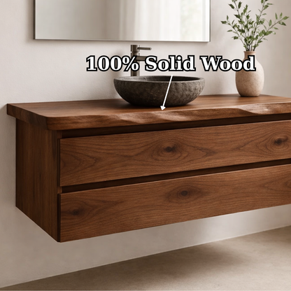 Floating Solid Wood Bathroom Vanity with Double Drawers – Modern Minimalist Wall Mounted Cabinet