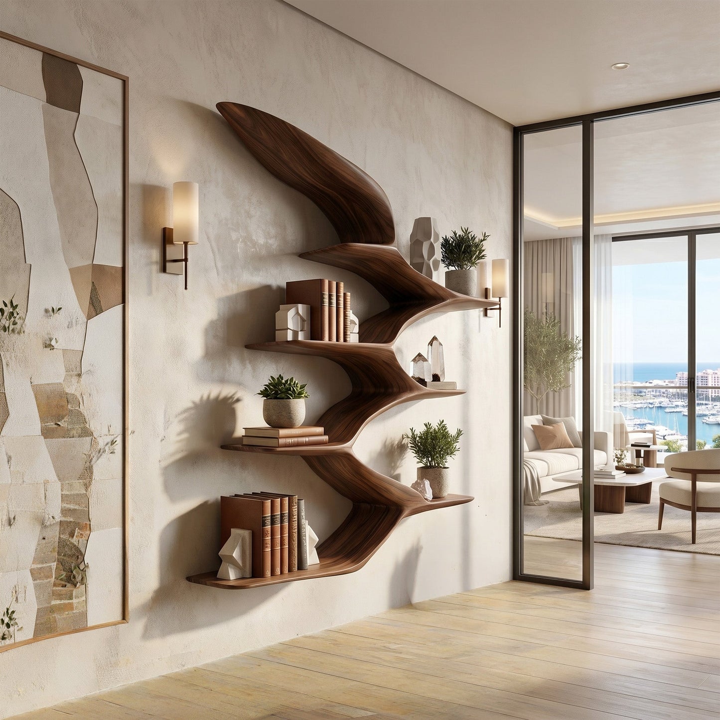 Wing Form Wood Wall Shelf With Curved Open Display
