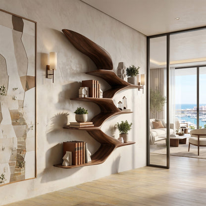 Wing Form Wood Wall Shelf With Curved Open Display