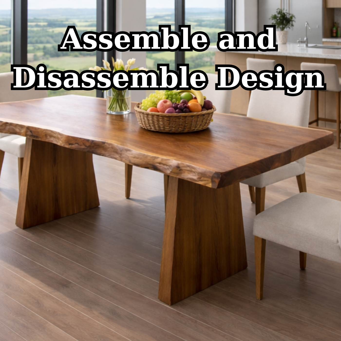 Contemporary Live Edge Solid Wood Dining Table with Architectural Base