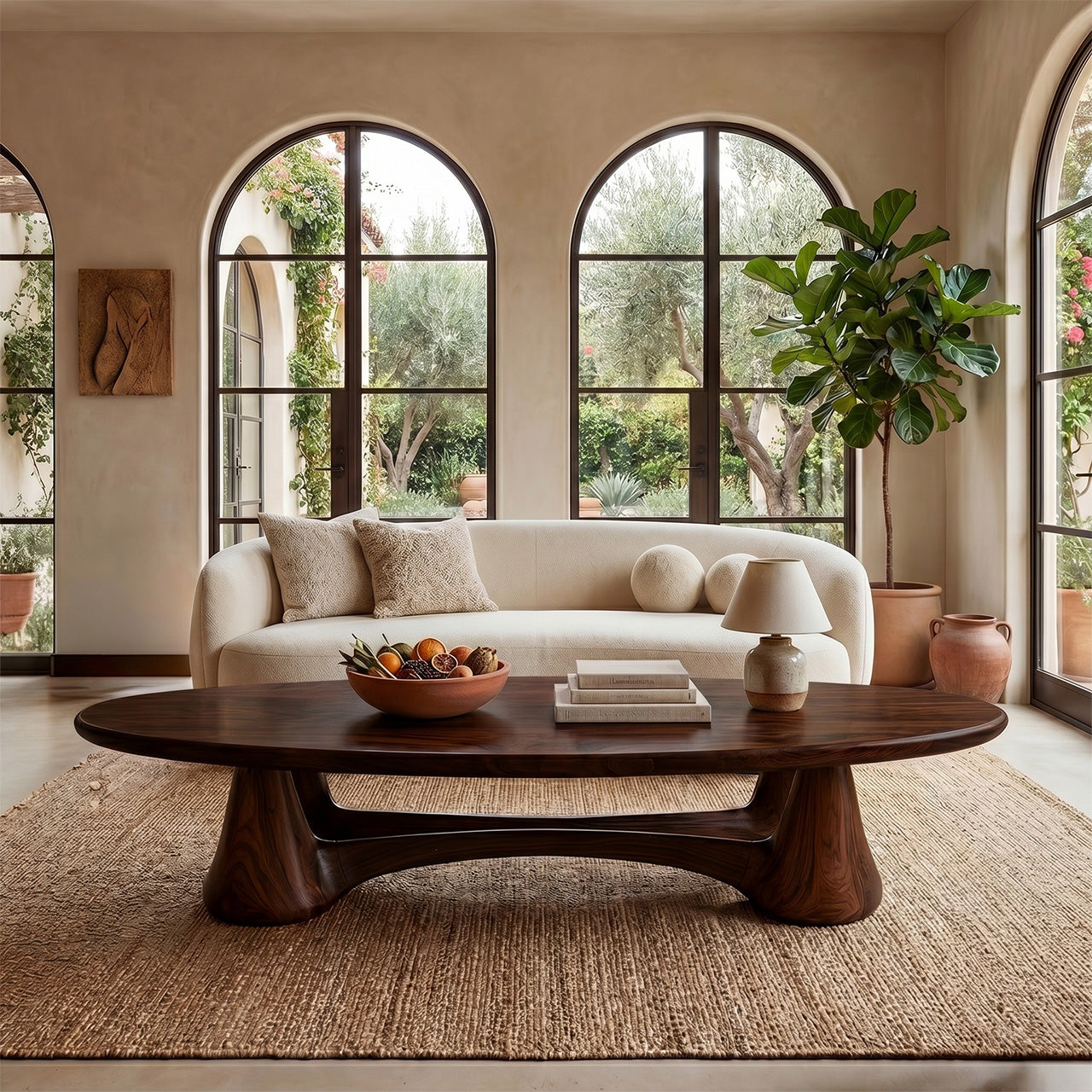 Organic Oval Coffee Table With Sculptural Pedestal Base