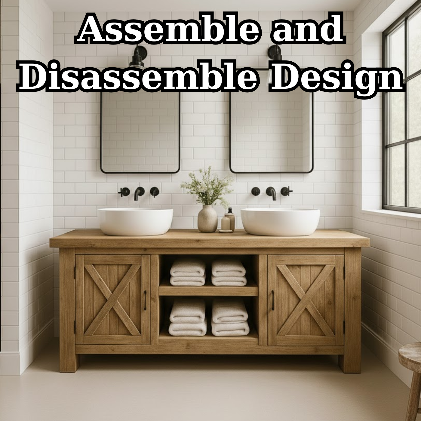Handcrafted Solid Wood Bathroom Vanity - Farmhouse Double Sink Cabinet - Rustic Oak Storage Furniture Kitchnce