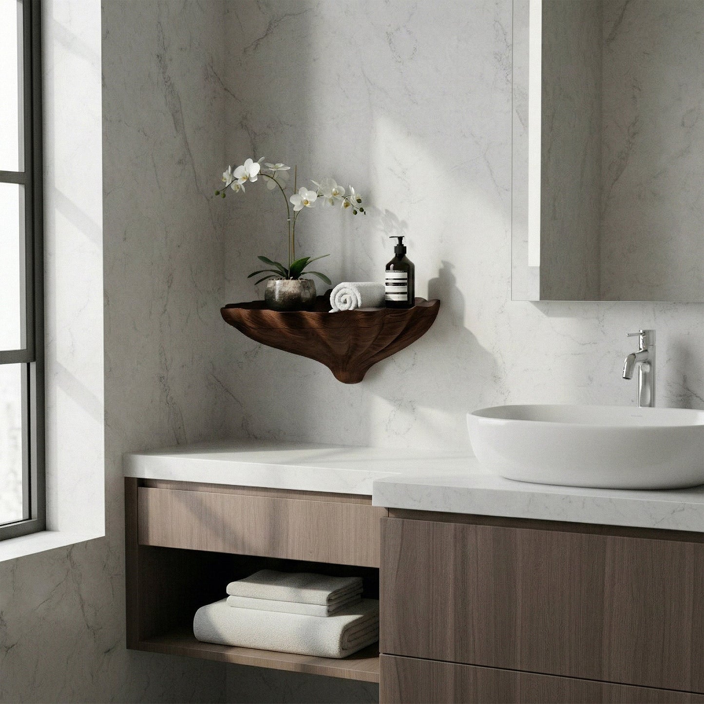 Organic Sculptural Floating Shelf in Natural Wood with Curved Form