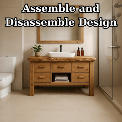 Handcrafted Solid Wood Bathroom Vanity - Live Edge Storage Cabinet with 6 Drawers & Shelf Kitchnce