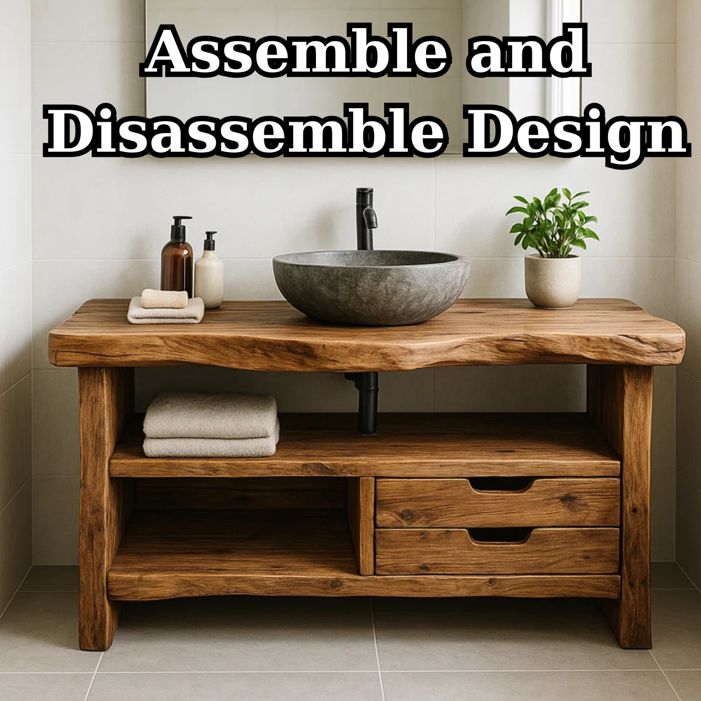 Handcrafted Solid Wood Bathroom Vanity, Rustic Live Edge Console with Storage Kitchnce
