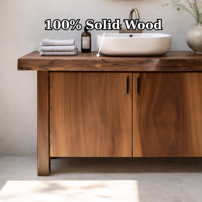 Solid Wood Bathroom Vanity with Slab Doors – Modern Organic Freestanding Single Sink Cabinet