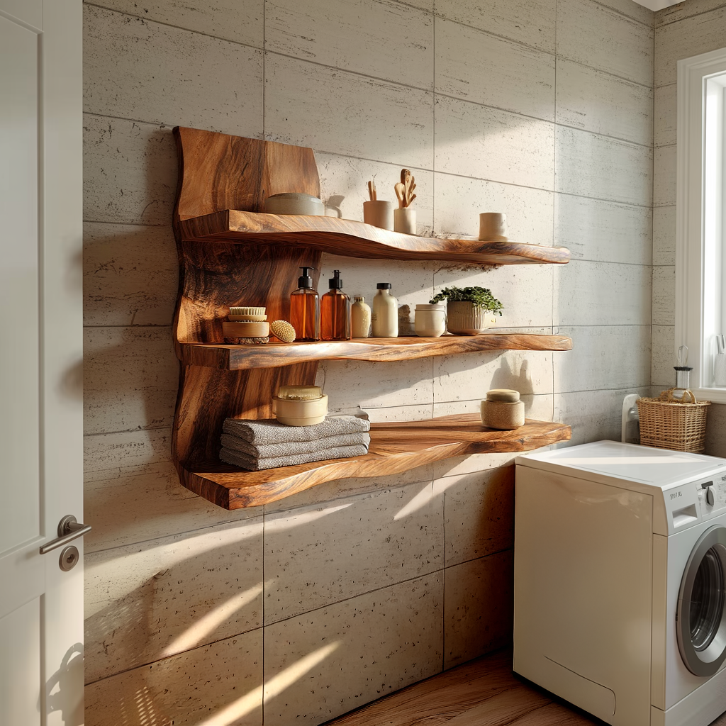 Sculptural Triple Tier Wall Shelf with Flowing Wood Layers