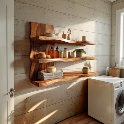 Sculptural Triple Tier Wall Shelf with Flowing Wood Layers