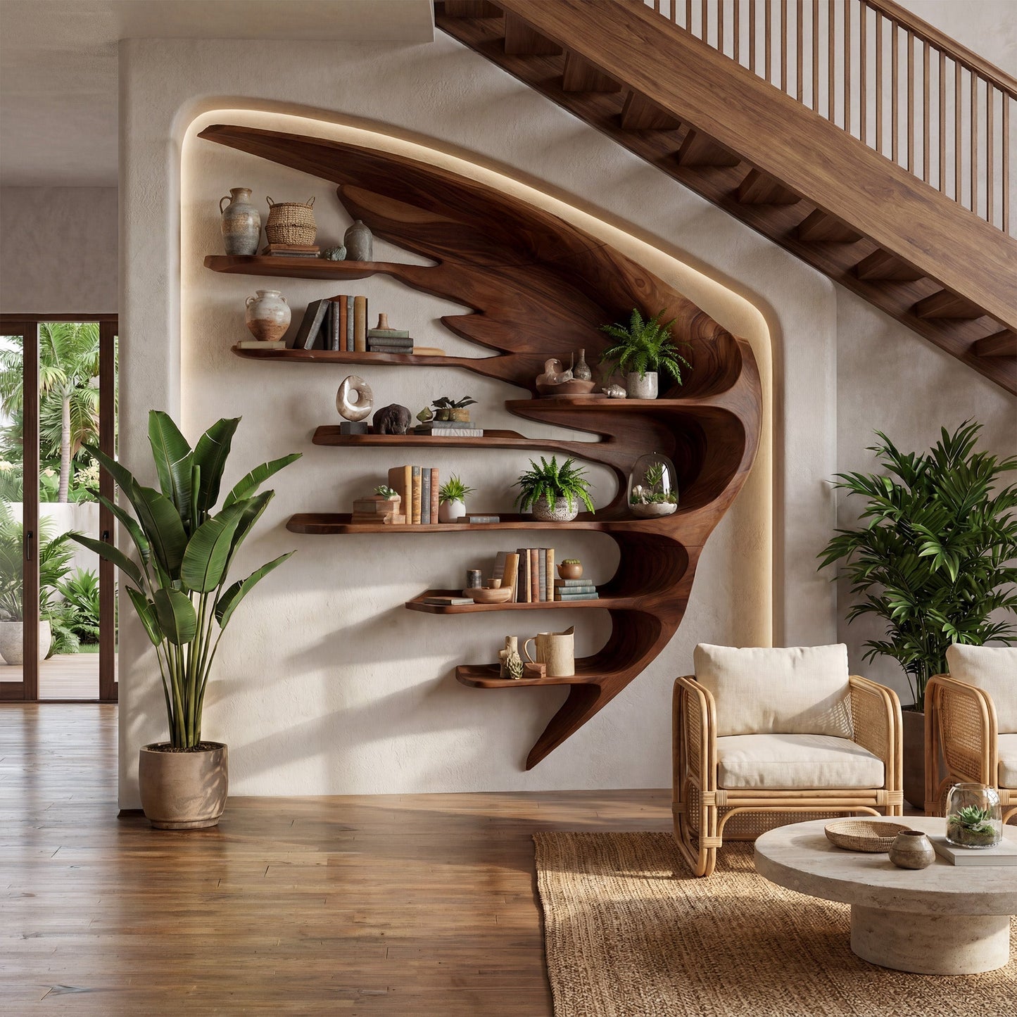 Wing Form Wood Wall Shelf With Open Display