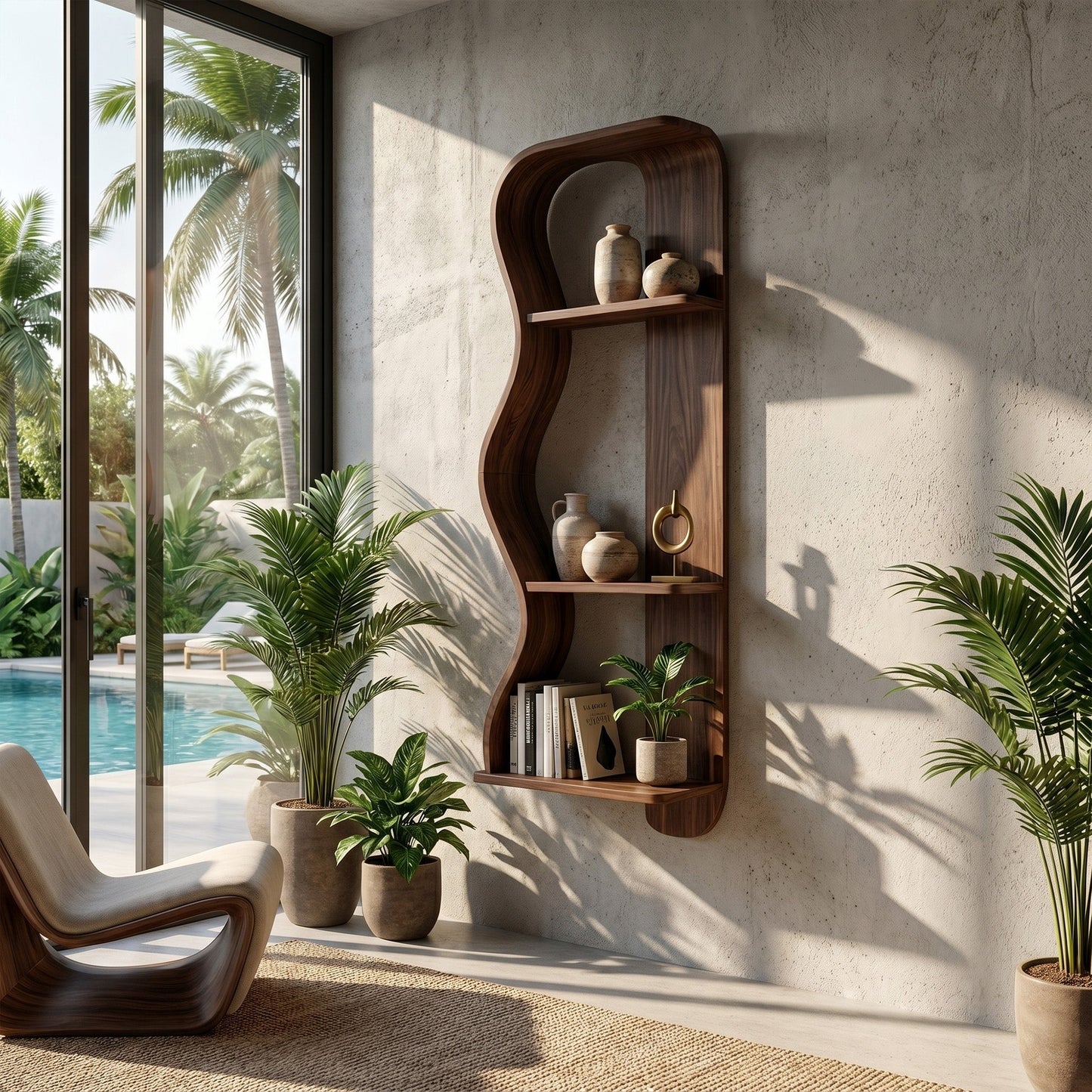 Vertical Wood Wall Shelf With Sculptural Open Display