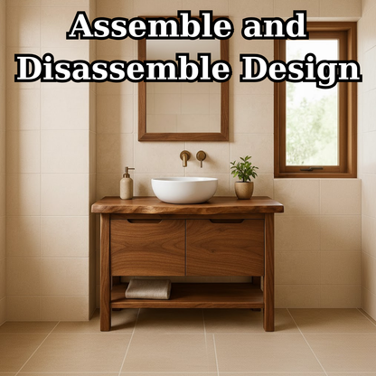 Handcrafted Solid Wood Bathroom Vanity with Live Edge Walnut Top and Open Shelf