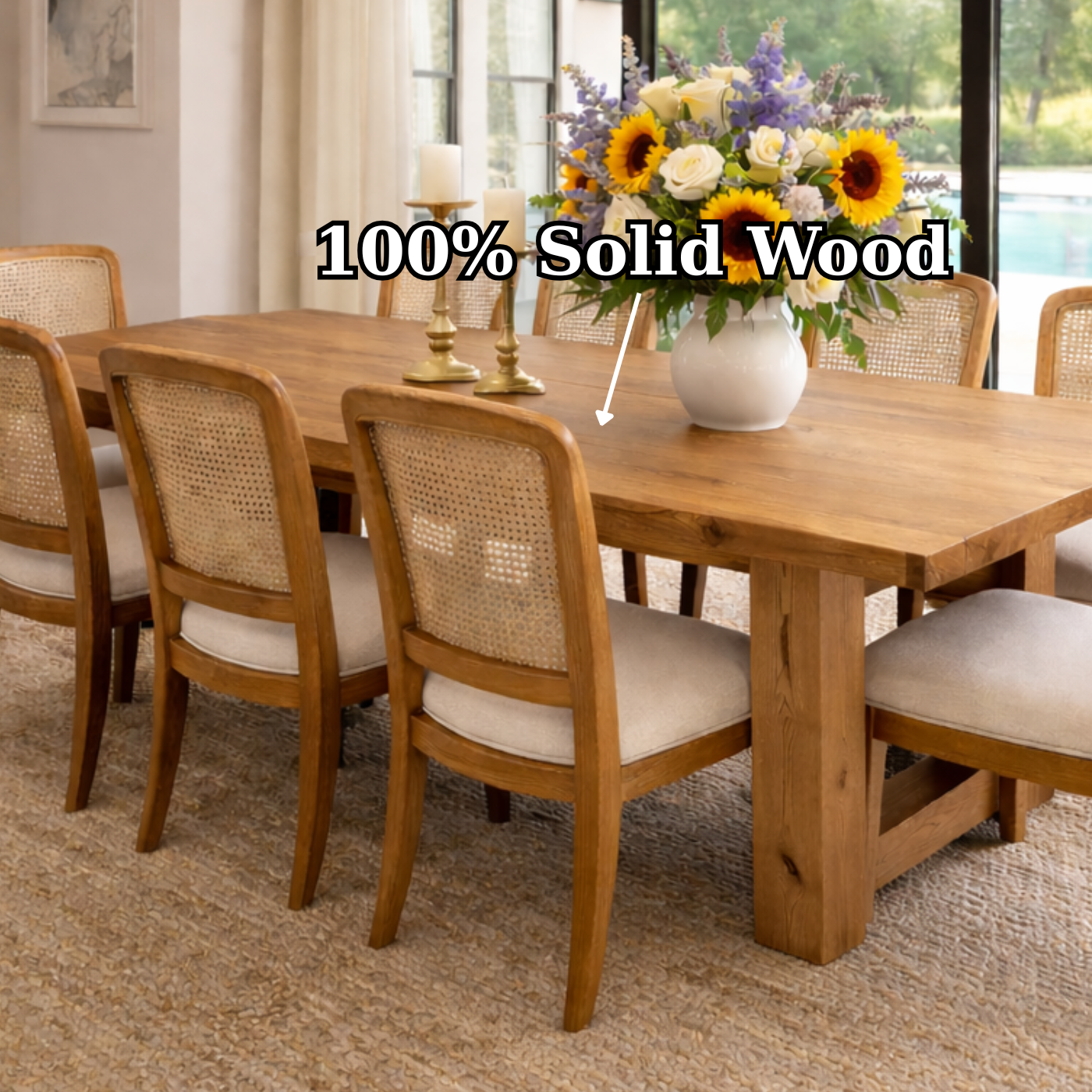 Soild Wood Farmhouse Dining Table with Solid Leg Base