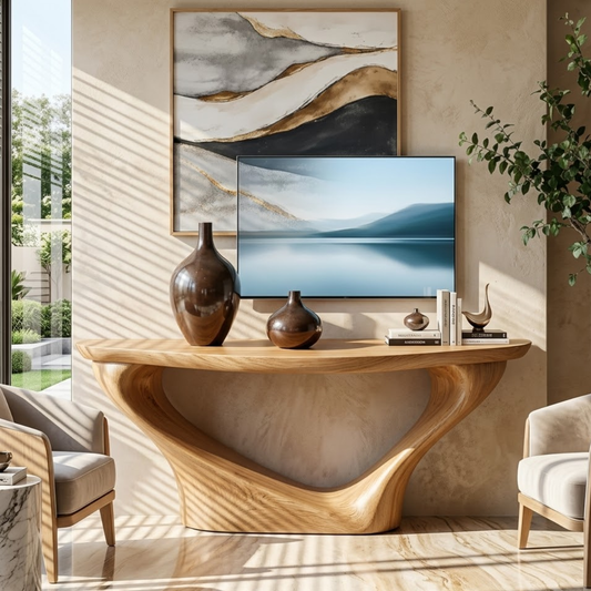 Solid Wood Console Table with Sculptural Curved Base, Modern Artistic Design