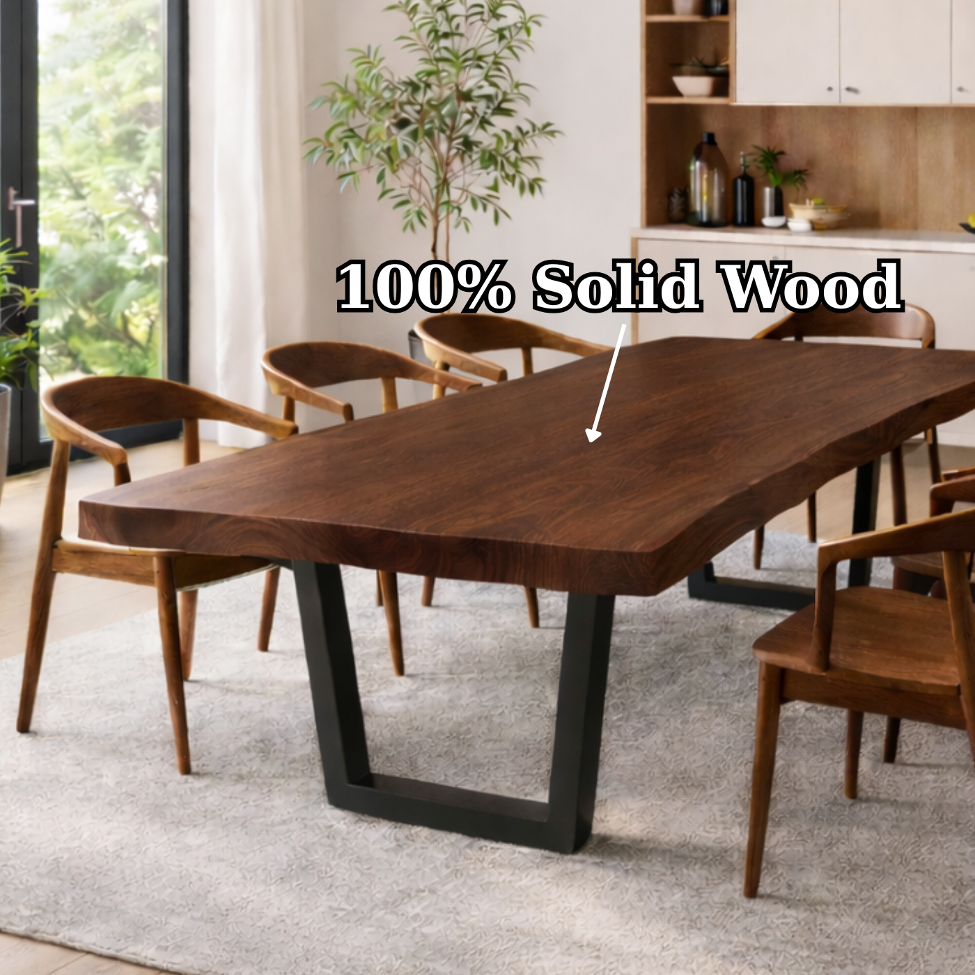 Modern Solid Walnut Dining Table with Black U-Shaped Steel Legs for Minimalist Interiors
