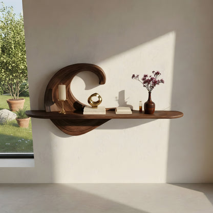 Wave Sculptural Floating Wall Shelf in Natural Wood