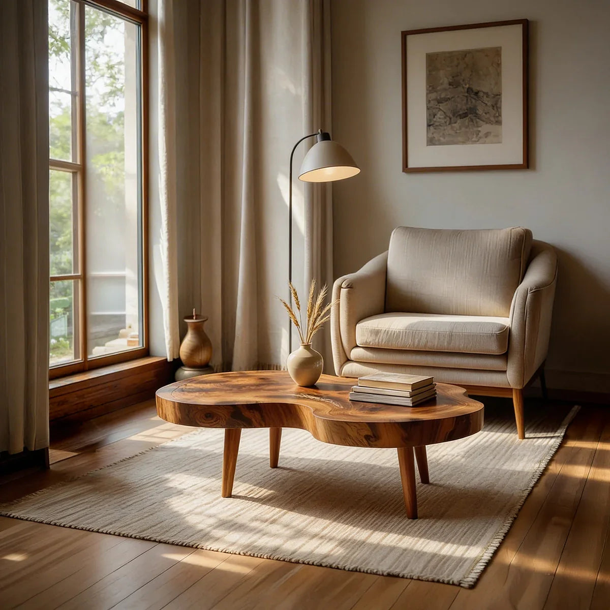 Freeform Natural Wood Coffee Table with Smooth Contoured Edge