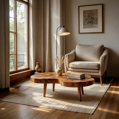 Freeform Natural Wood Coffee Table with Smooth Contoured Edge