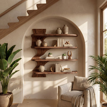 Organic Wood Dining Wall Shelf With Open Storage