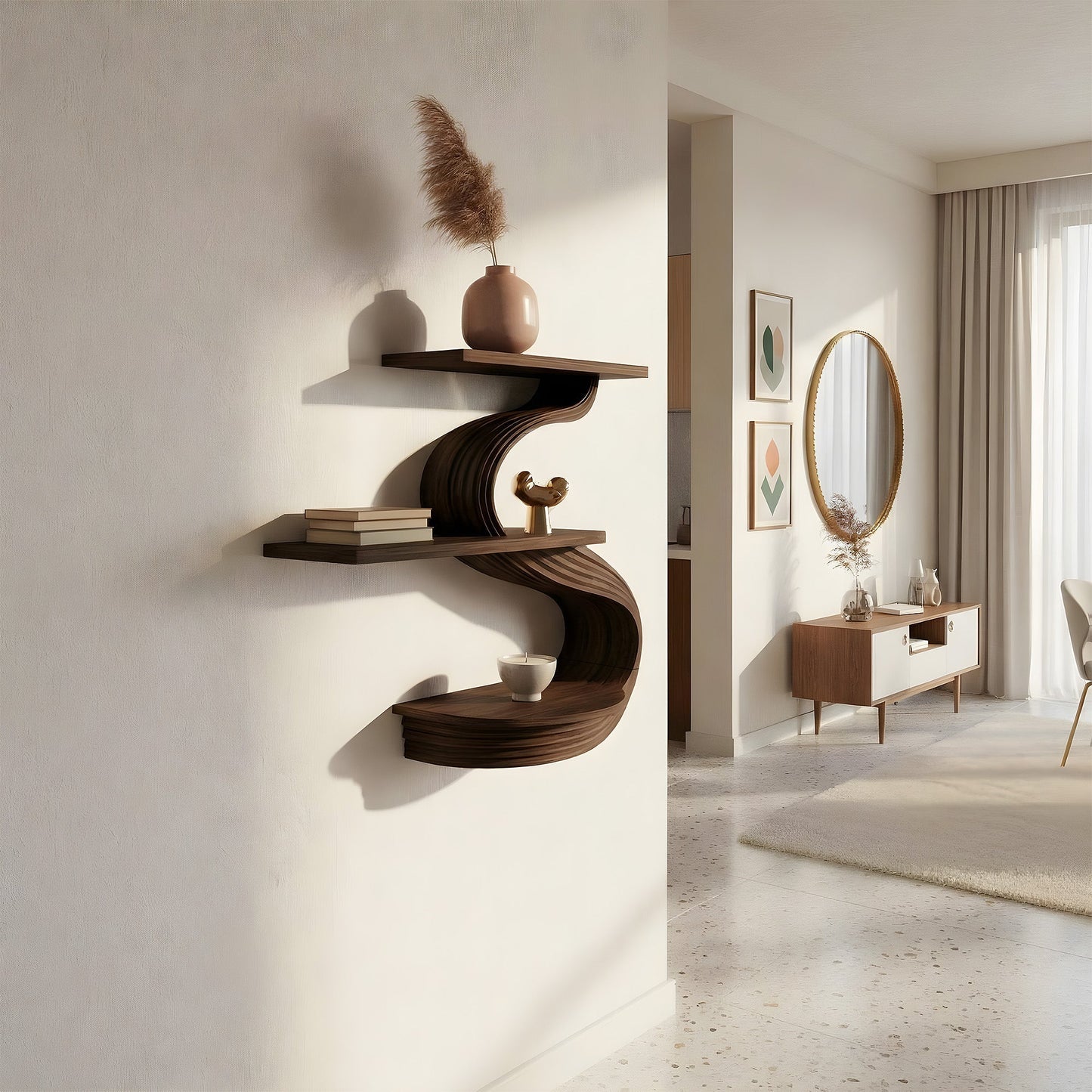Three-Tier S-Shaped Floating Wall Shelf in Natural Wood
