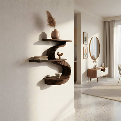 Three-Tier S-Shaped Floating Wall Shelf in Natural Wood