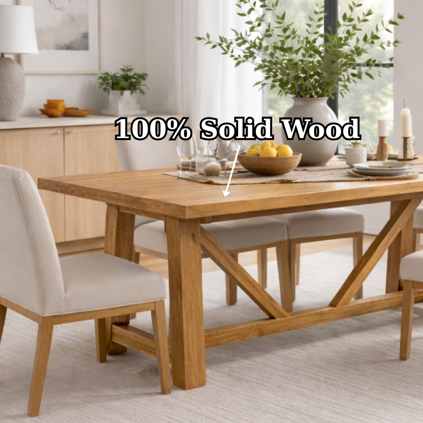Solid Wood Dining Table with X Base Modern Farmhouse Style