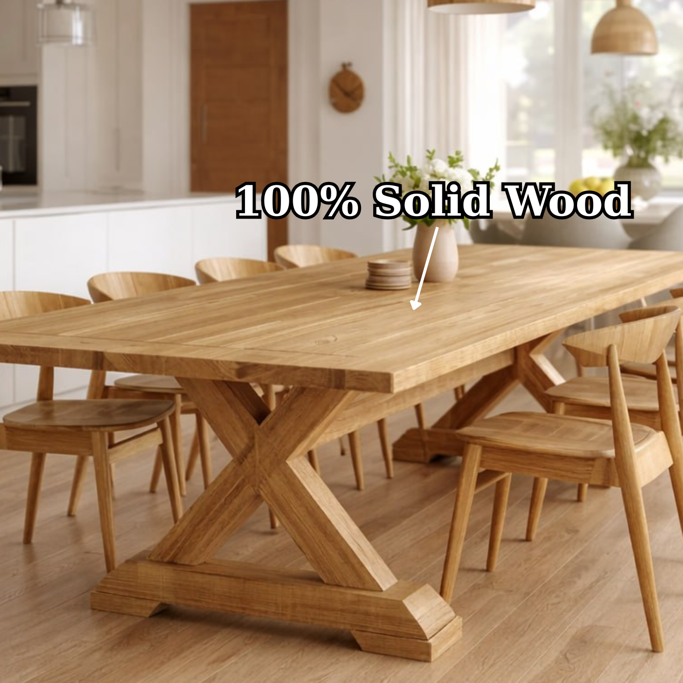 Handcrafted Solid Oak X Leg Dining Table Scandinavian Farmhouse Kitchen Table