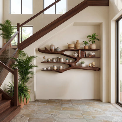 Flowing Wood Wall-Mounted Shelf With Open Display