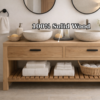 Scandinavian Solid Wood Double Sink Bathroom Vanity with Dual Drawers and Slatted Open Shelf