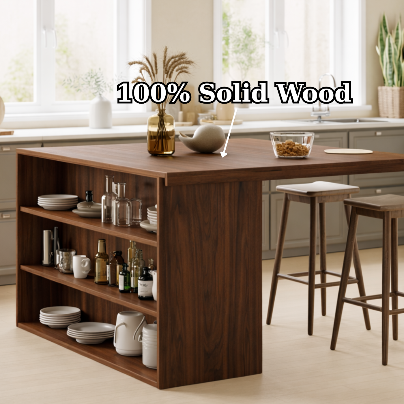 Modern Solid Wood Kitchen Island with Open Storage Shelves