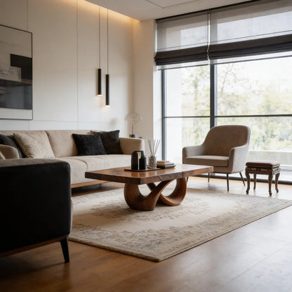 Natural Wood Coffee Table with Interlocking Sculptural Base