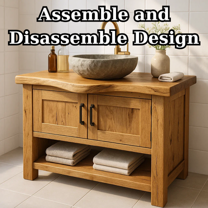 Handcrafted Solid Wood Bathroom Vanity - Rustic Live Edge Cabinet & Open Shelf Kitchnce