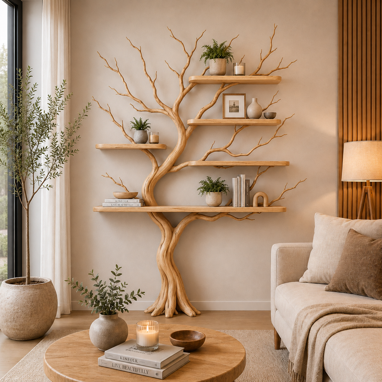 Organic Solid Wood Tree Bookshelf with Floating Shelves