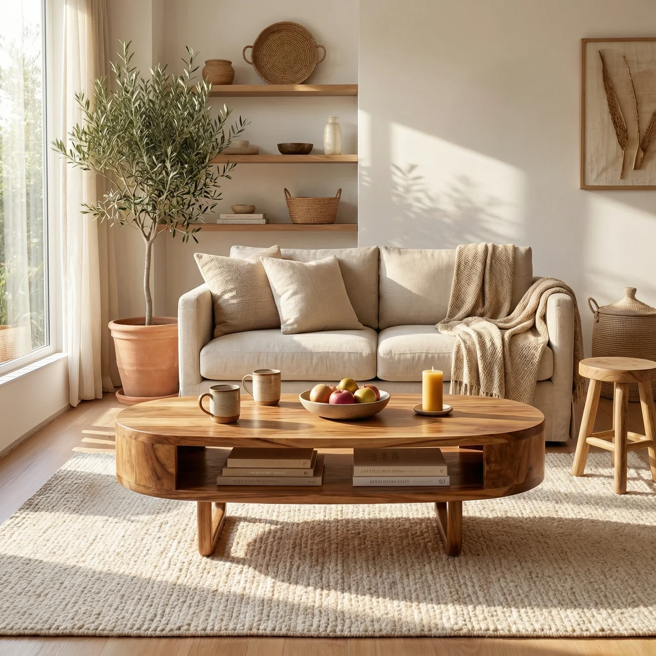Solid Wood Oval Coffee Table with Shelf  Modern Natural Wood Living Room Table