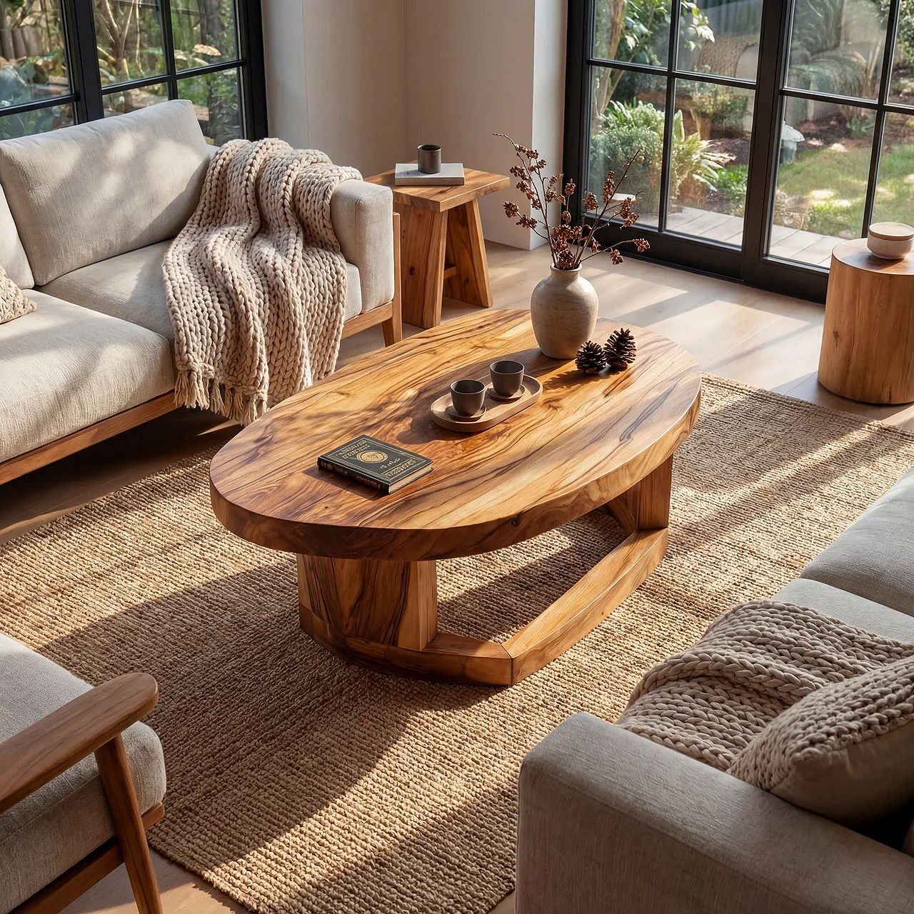 Solid Wood Oval Coffee Table handcrafted Natural Wood Living Room Table with Sculptural Base