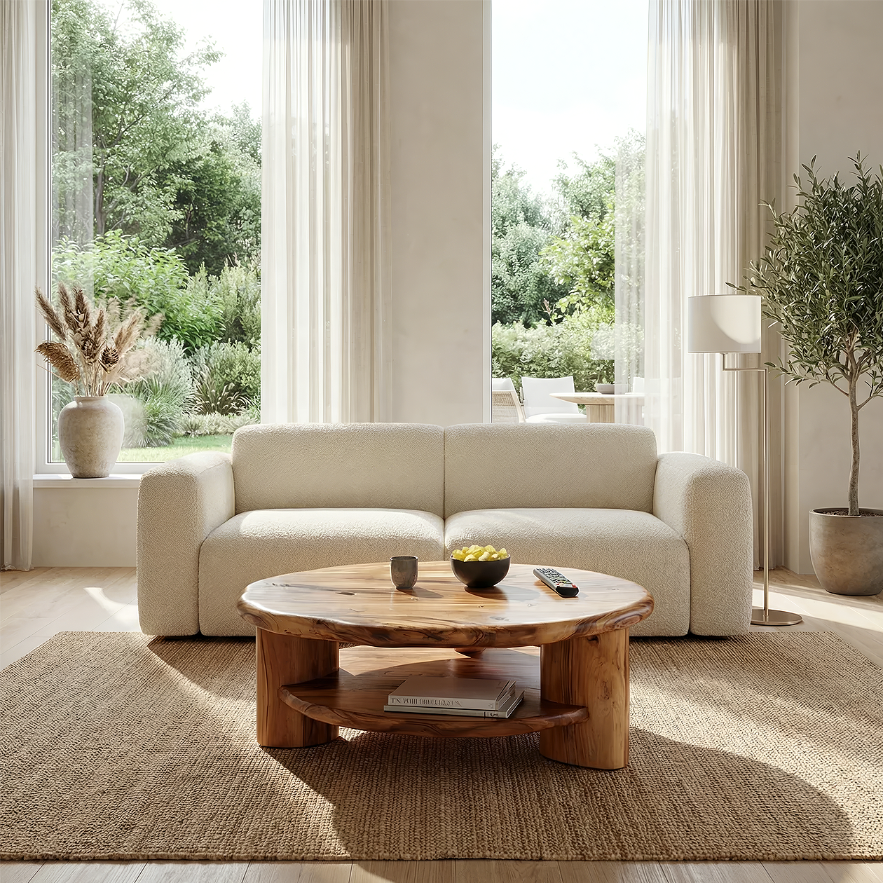 Round Solid Wood Coffee Table with Shelf Handcrafted Natural Wood Living Room Table