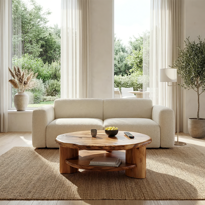 Round Solid Wood Coffee Table with Shelf Handcrafted Natural Wood Living Room Table