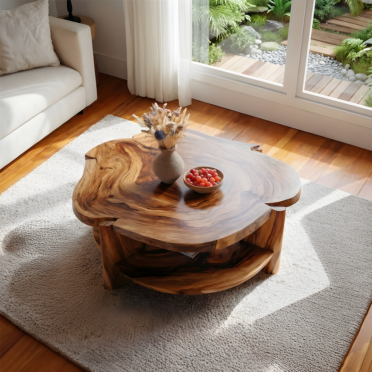 Live Edge Round Solid Wood Coffee Table Natural Wood Center Table with Shelf