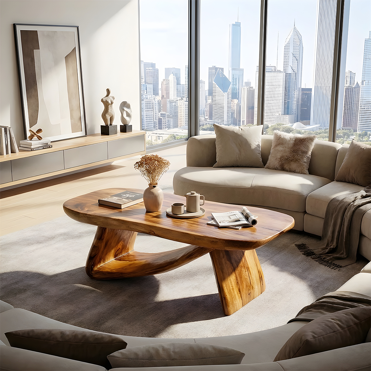 Sculptural Solid Wood Coffee Table Handcrafted Natural Wood Modern Center Table