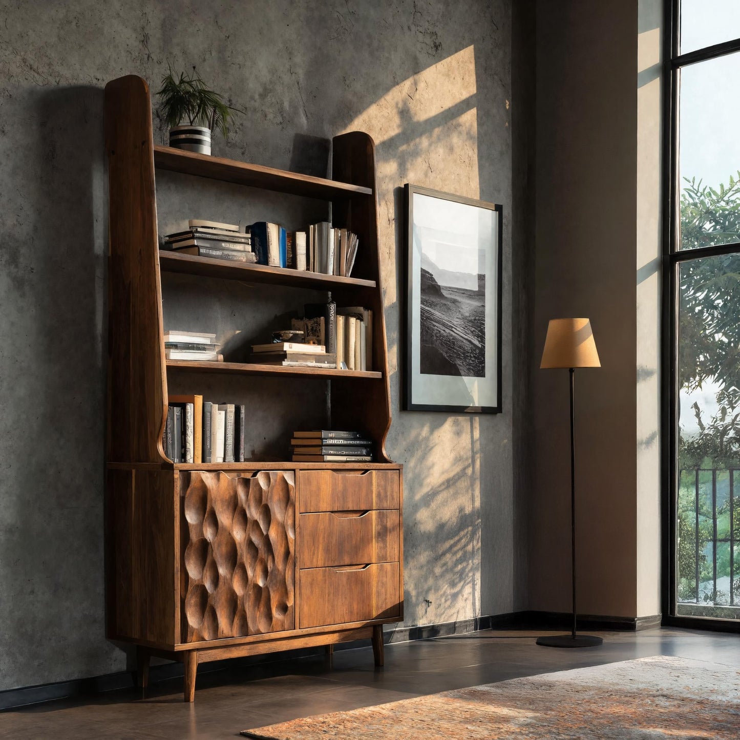 Organic Carved Wooden Bookshelf For Living Room Kitchnce