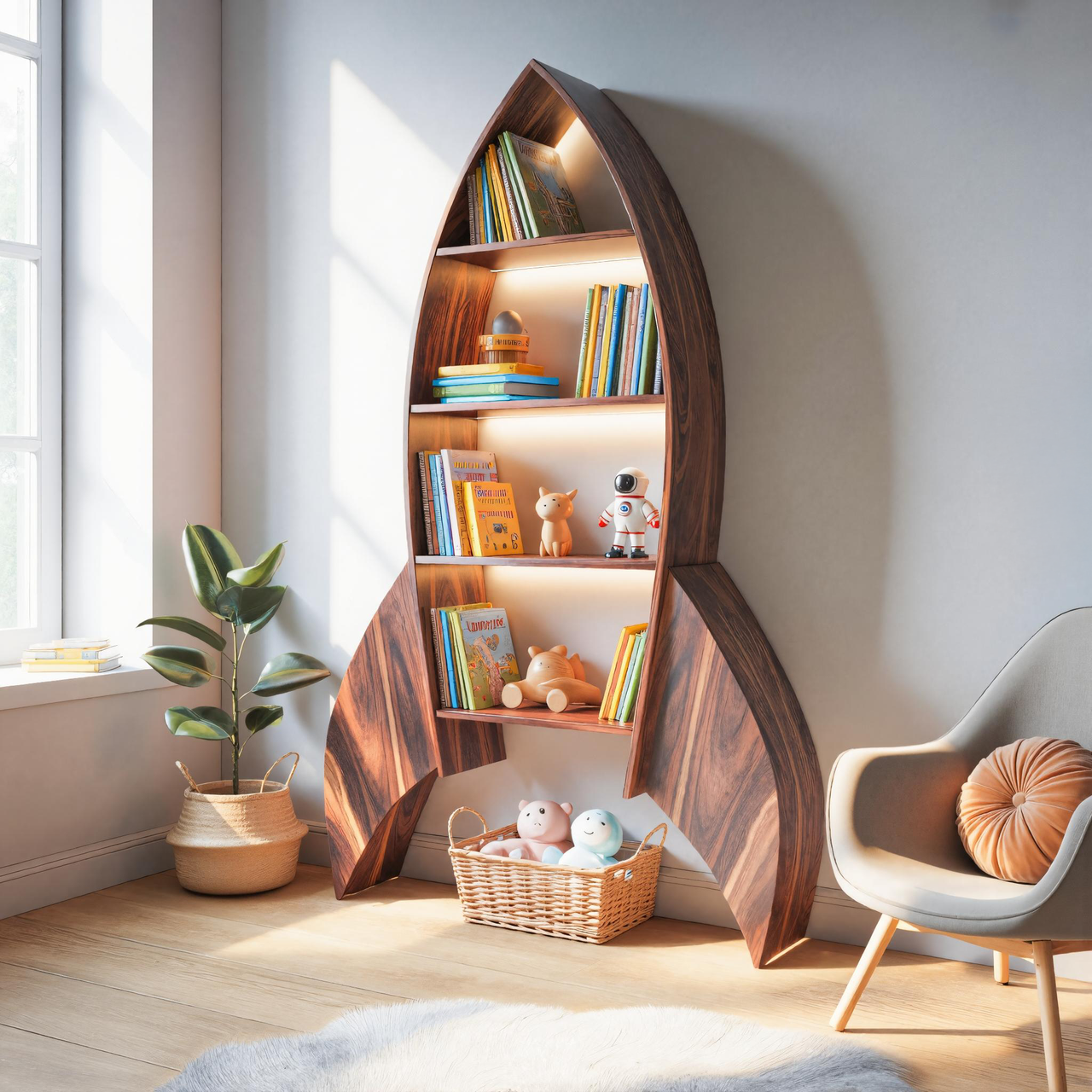 Rocket Shaped Bookshelf For Nursery Or Playroom Kitchnce