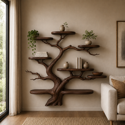 Modern Solid Wood Tree Bookshelf Floating Wall Shelf Handmade Organic Tree Bookcase