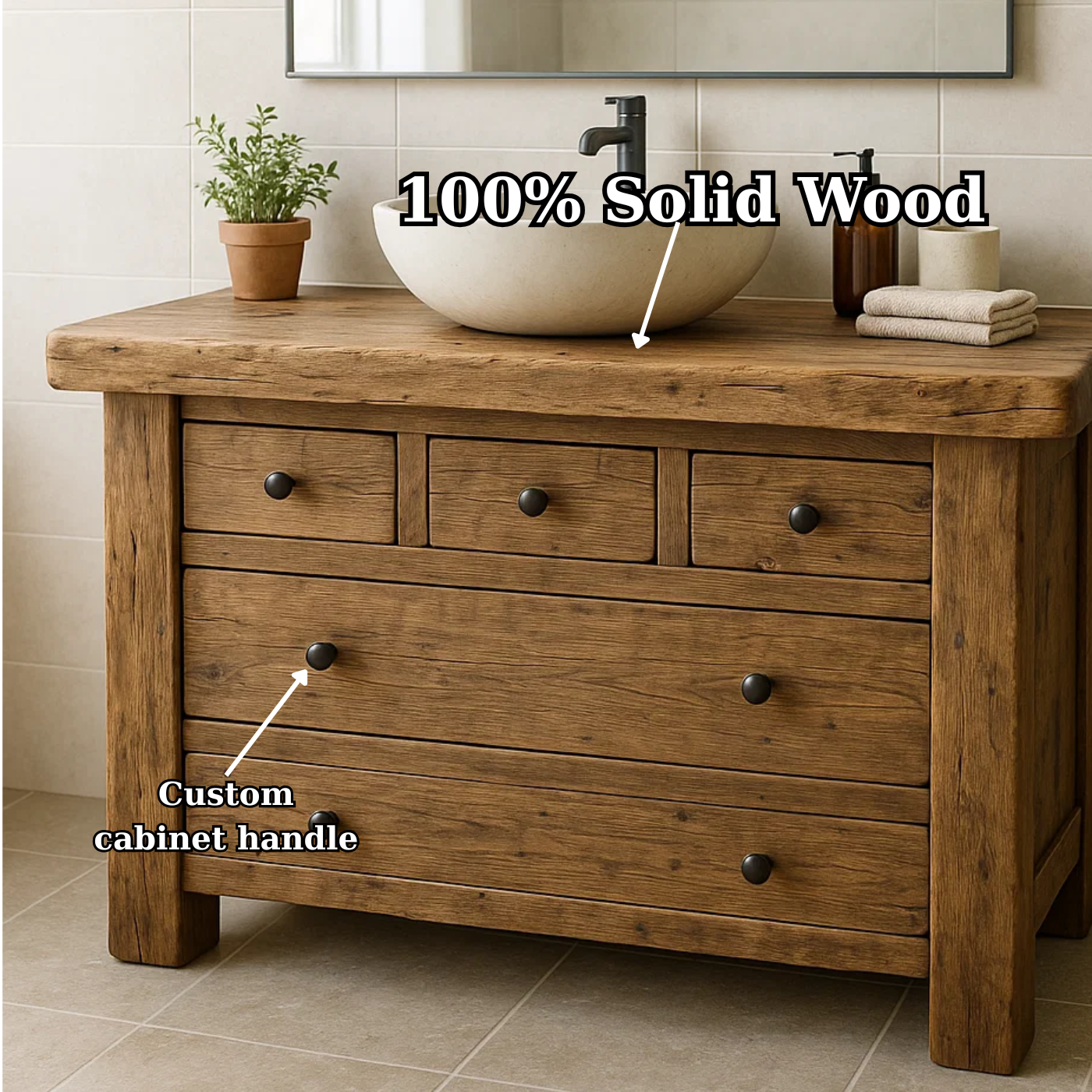 Handcrafted Solid Wood Single Bathroom Vanity - Rustic Storage Cabinet with Drawers Kitchnce