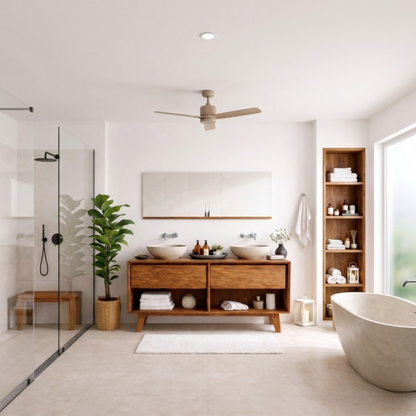 Mid-Century Solid Wood Double Bathroom Vanity with Sculpted Wave Drawer Fronts and Open Storage Kitchnce