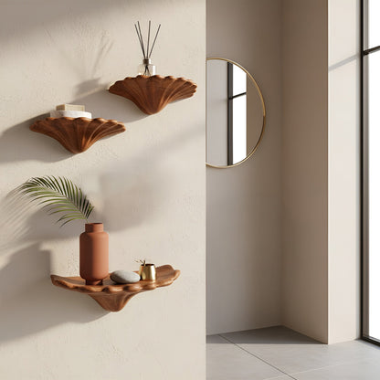 Sculptural Floating Wall Shelf Trio in Natural Wood with Organic Form