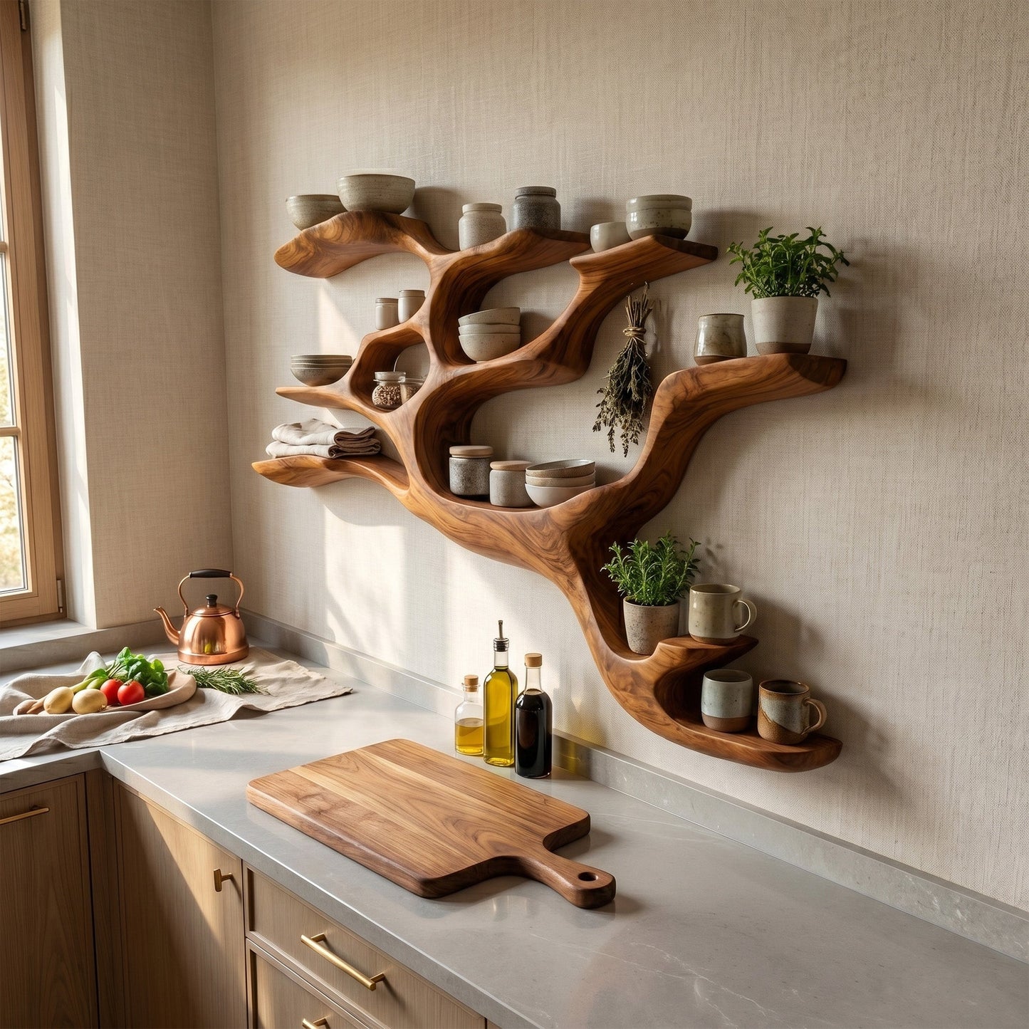 Branch Form Wood Bar Wall Shelf With Open Display