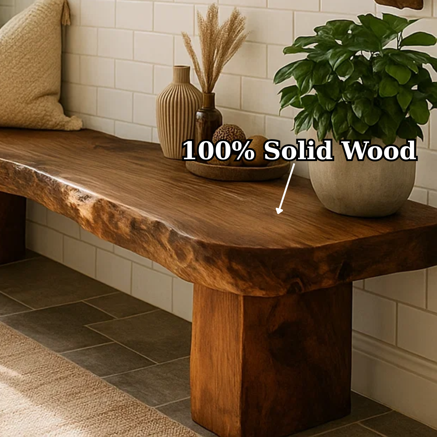 Handcrafted Solid Wood Bench – Rustic Live-Edge Slab Entryway Seating Kitchnce